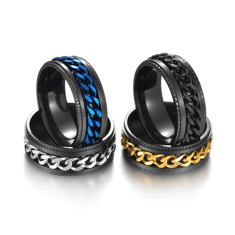 Stainless Steel Rotating Cuban Chain Spinner Ring For Men