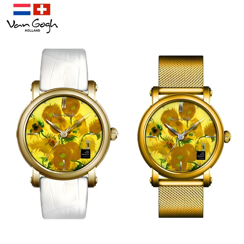 Van Gogh Women's Quartz Watch 3D Printed Oil Painting Dial Steel Strap Sunflowers