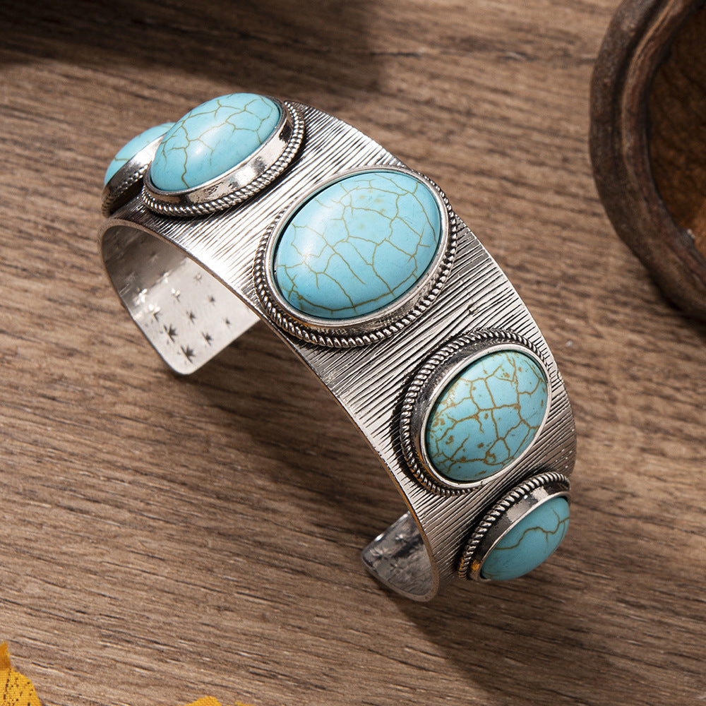 Ethnic-style Oval Turquoise Open Bracelet