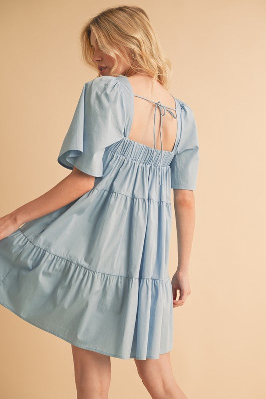 Light Blue Cotton Square Neck Tiered Summer Midi Dress