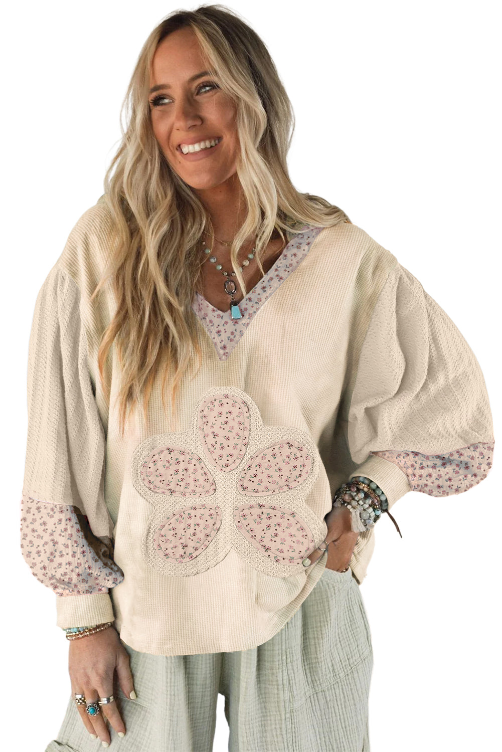 Beige Floral Textured Colorblock Patchwork Bishop Sleeve Hooded Top