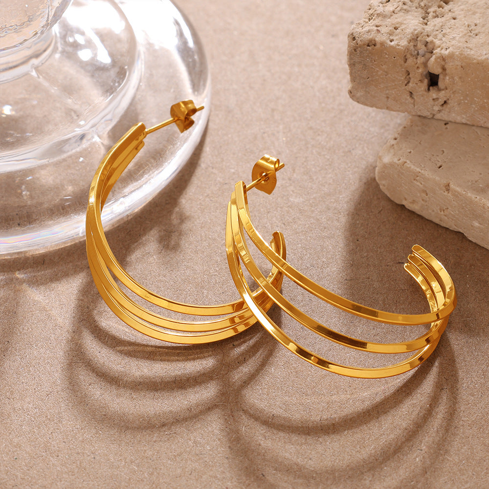Elegant & Versatile Vintage Bold C-Shaped Earrings, 18K Gold Plated Stainless Steel, Minimalist Multi-Layer Women's Earrings