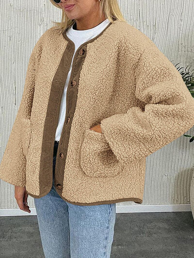 Women's Cozy Sherpa Fleece Button Up Jacket with Functional Pockets