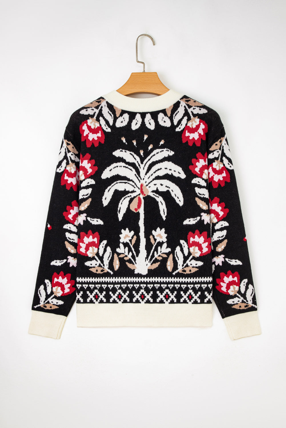 Black Floral Print Buttoned Front V Neck Knit Cardigan