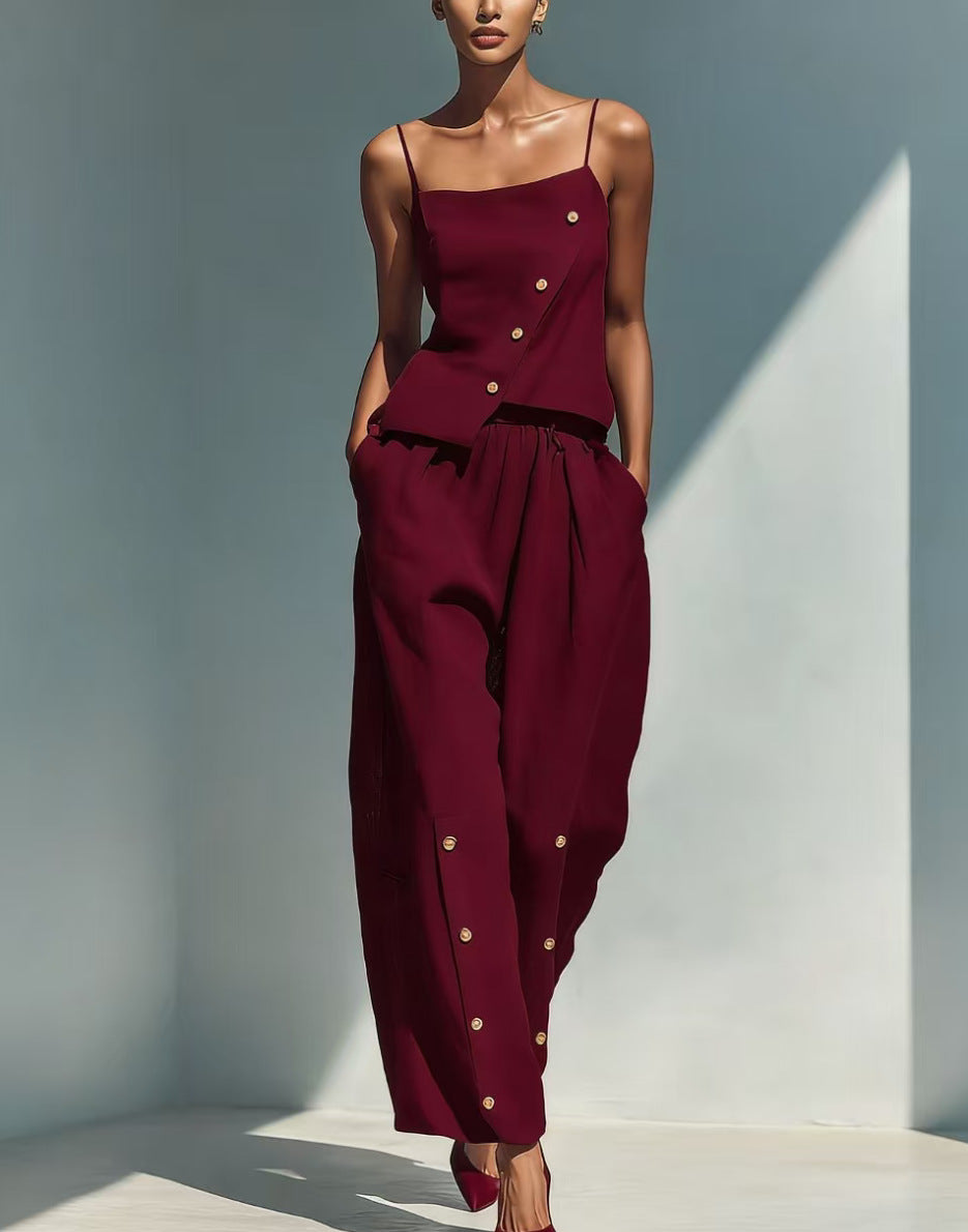 Women's Asymmetrical Button Camisole and Wide Leg Pant Set - Image 6