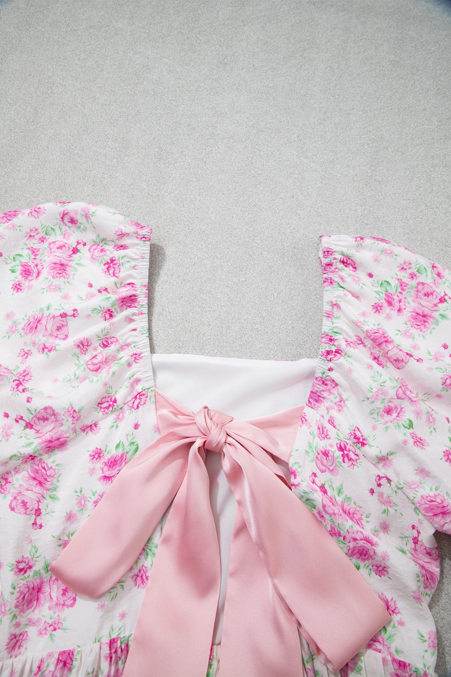 Floral Square Neck Bow Tie Back Mini Dress in White and Pink