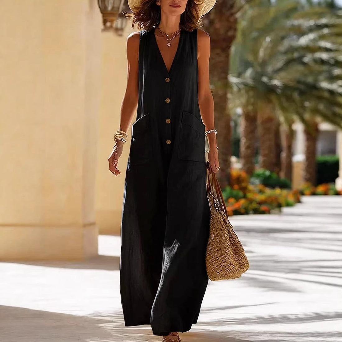 Women's Sleeveless Cotton-Linen Wide-Leg Button Front Jumpsuit - Image 4