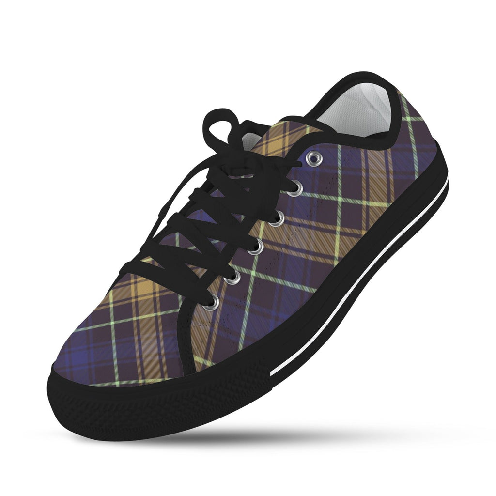 Pair of dark blue plaid low-top women's canvas sneakers with white laces and rubber soles, styled for Harajuku fashion.