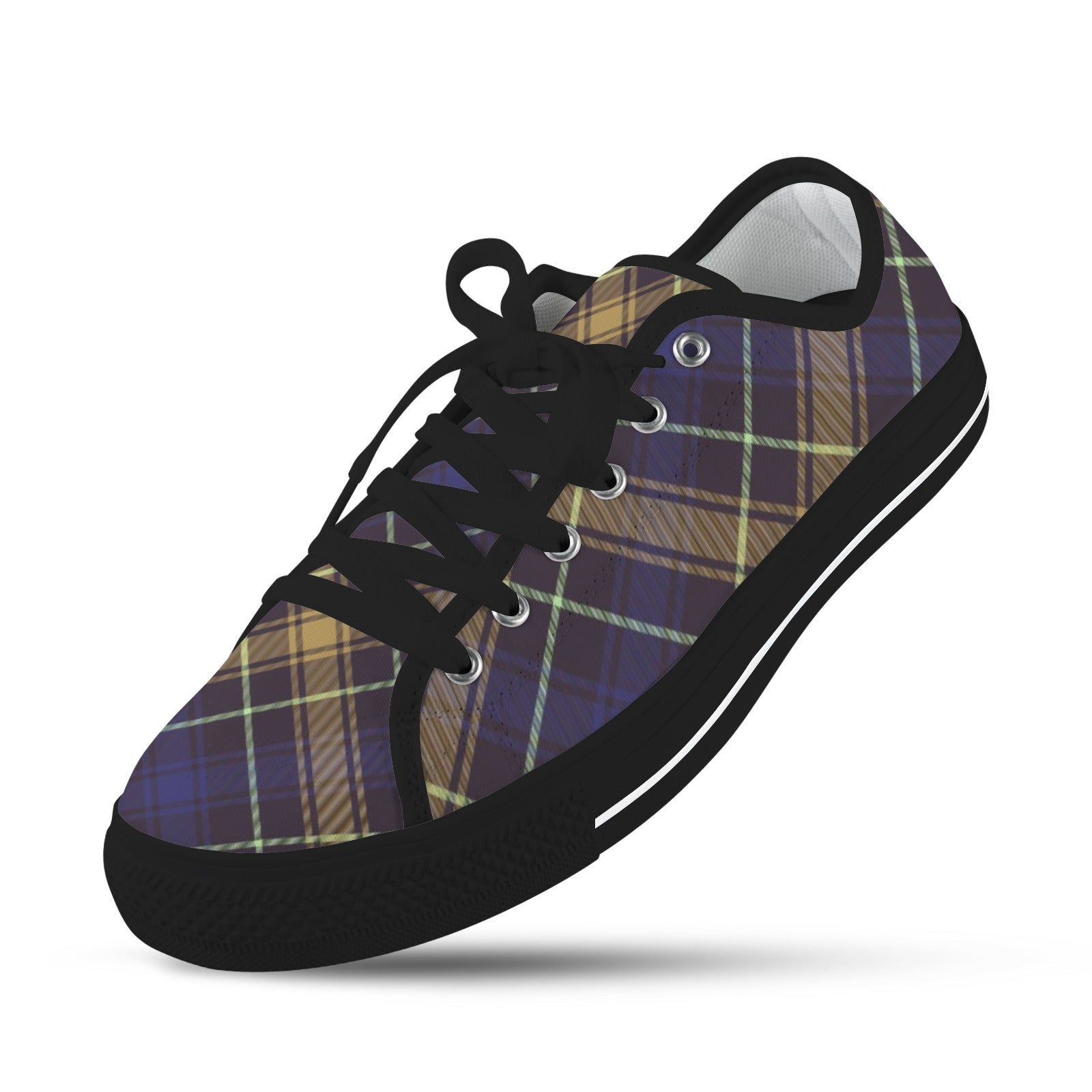 Pair of dark blue plaid low-top women's canvas sneakers with white laces and rubber soles, styled for Harajuku fashion.