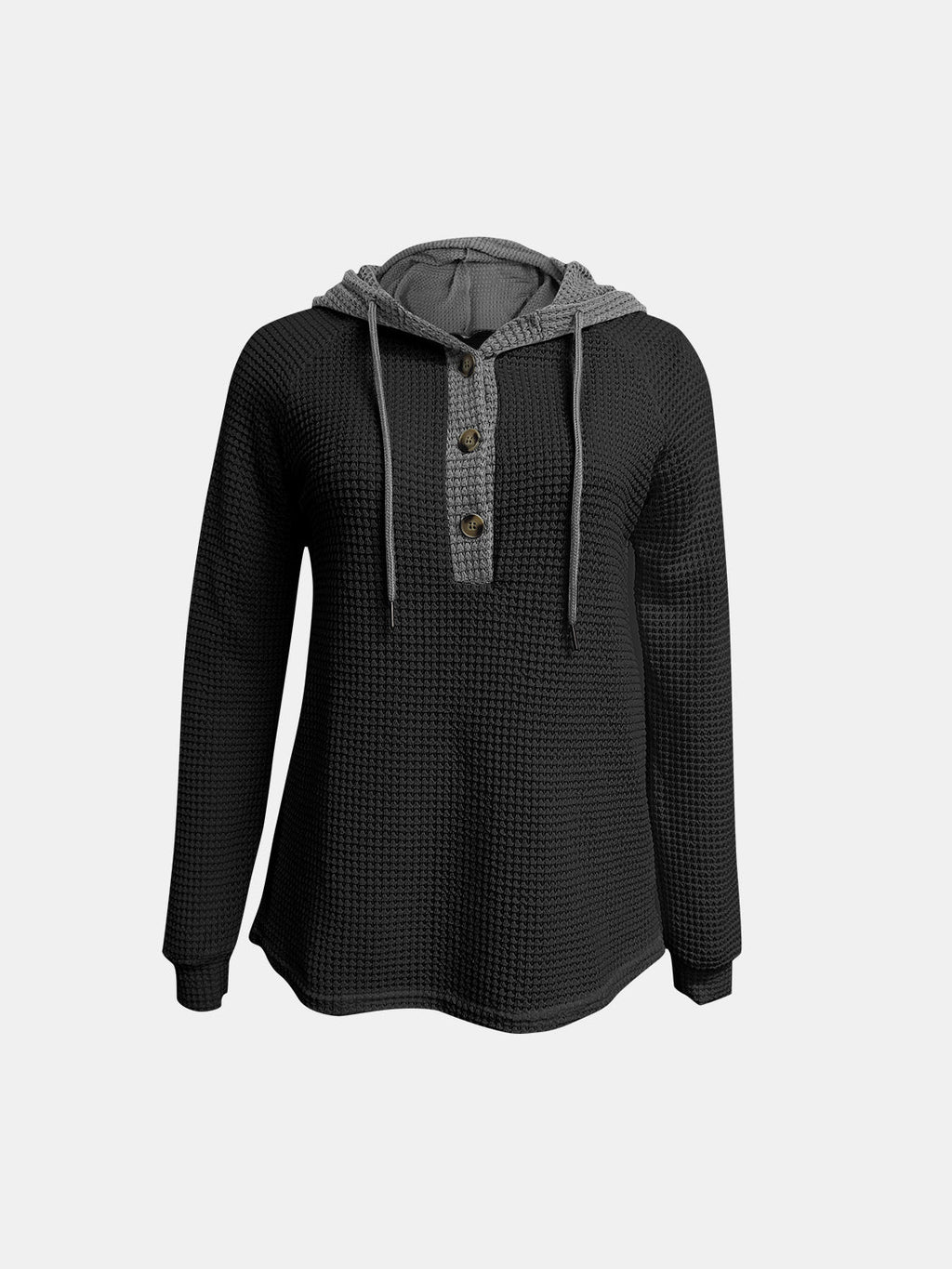 Women's Waffle-Knit Contrast Long Sleeve Hoodie with Buttons - Image 5