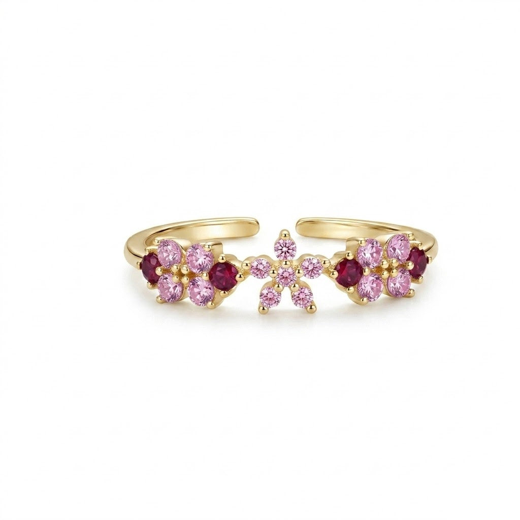 Pink Zircon Flower Open-Ring, Adjustable Gold Plated Statement Ring