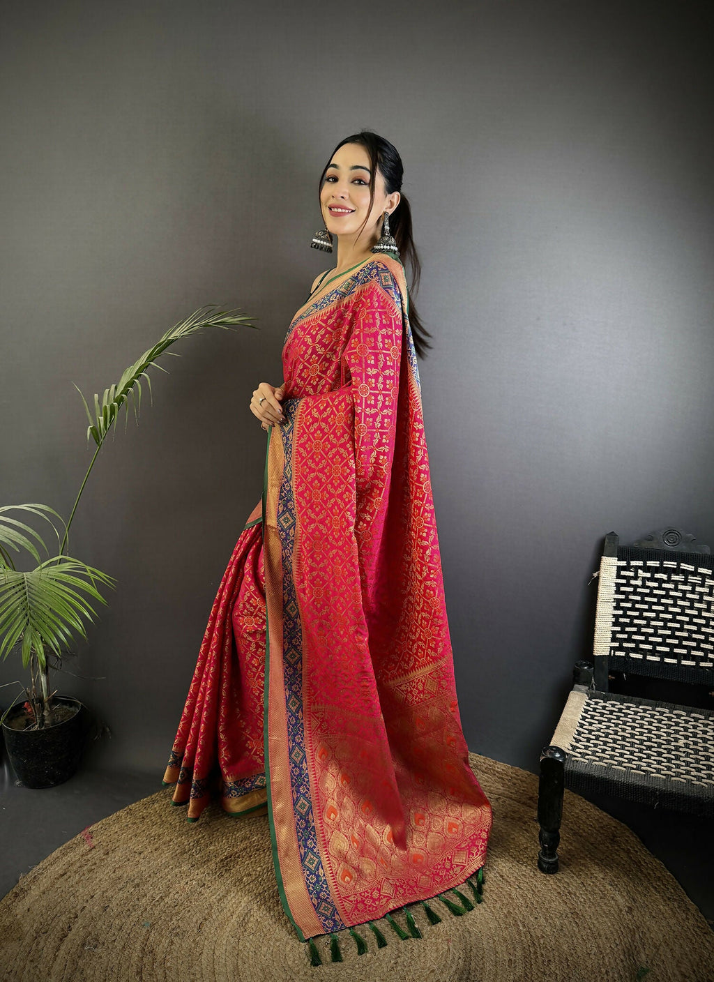 Hot Pink Patola Soft Silk Saree with Matching Blouse Piece