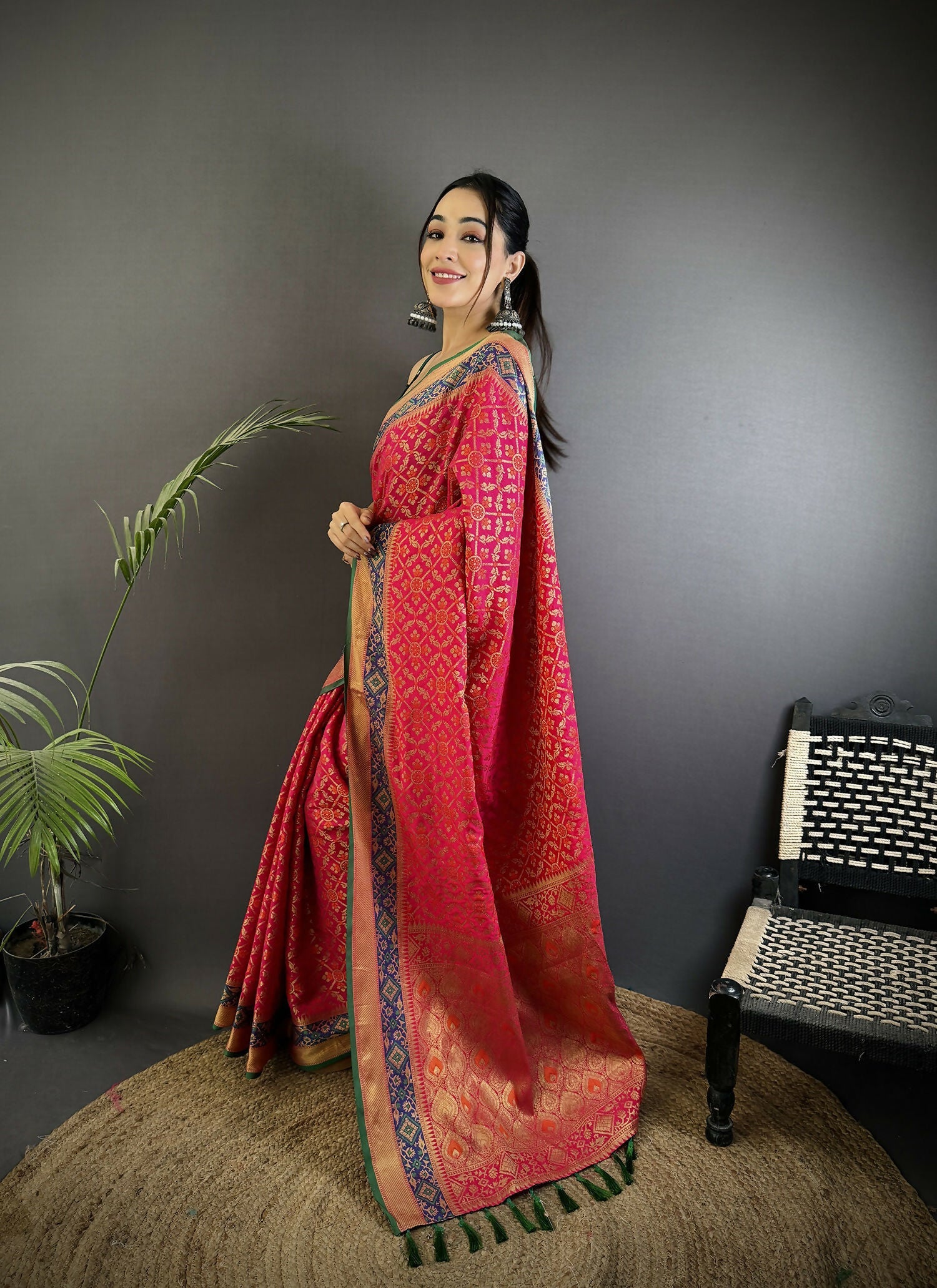 Hot Pink Patola Soft Silk Saree with Matching Blouse Piece