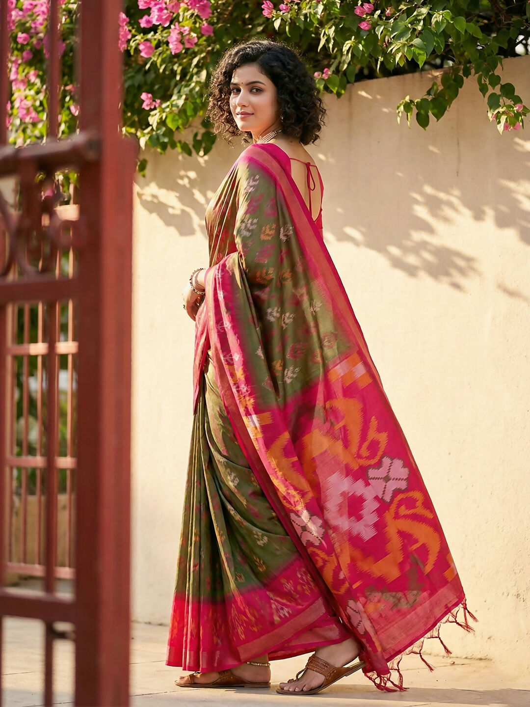 Olive Green Pochampally Silk Saree with Matching Blouse