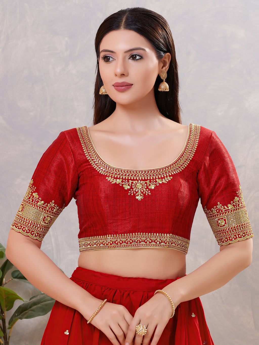 Elegant dark-red silk stitched blouse with a round neckline