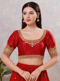 Elegant dark-red silk stitched blouse with a round neckline