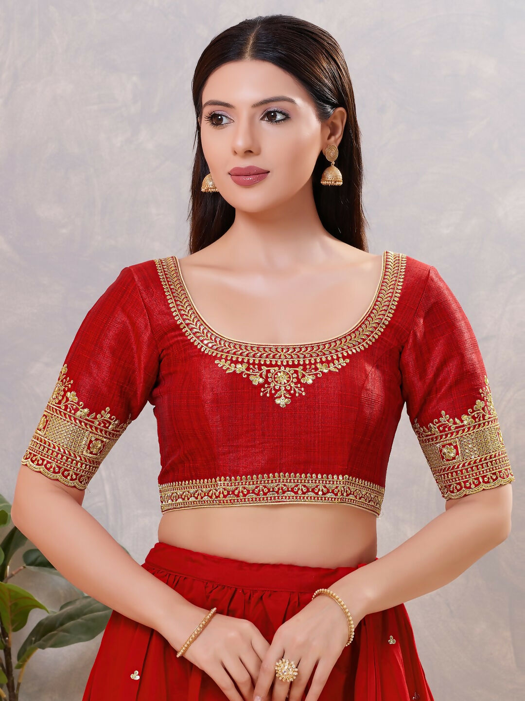 Elegant dark-red silk stitched blouse with a round neckline
