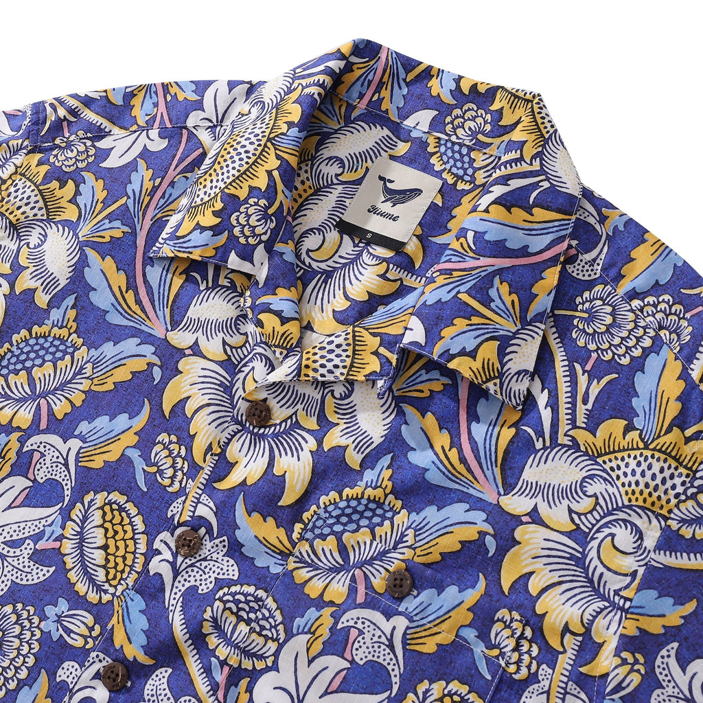 Azure Garden Print Hawaiian Shirt 100% Cotton Camp Collar
