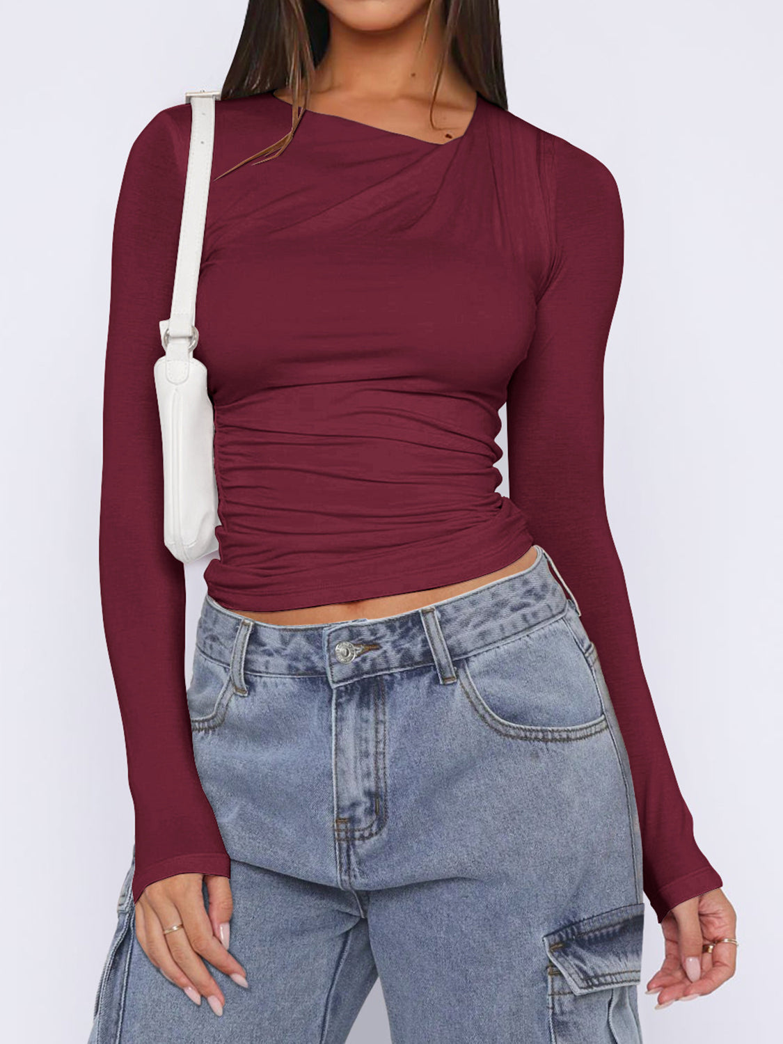 Ruched Asymmetrical Neck Long Sleeve T-Shirt in Slim Fit - Image 5