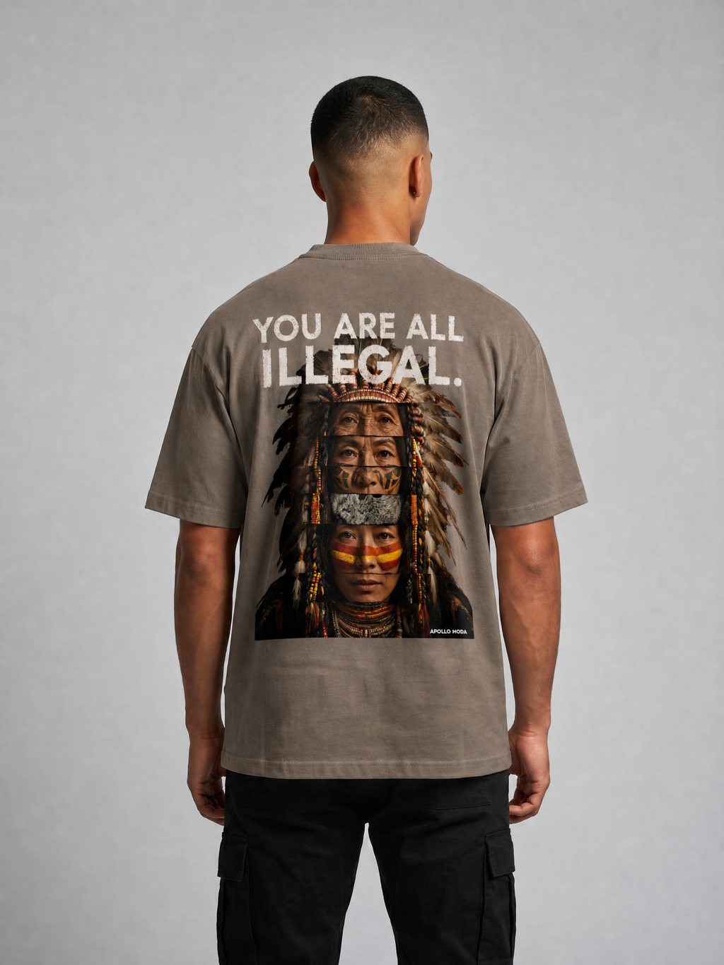You Are All Illegal graphic tee in taupe by Apollo Moda featuring Indigenous artwork