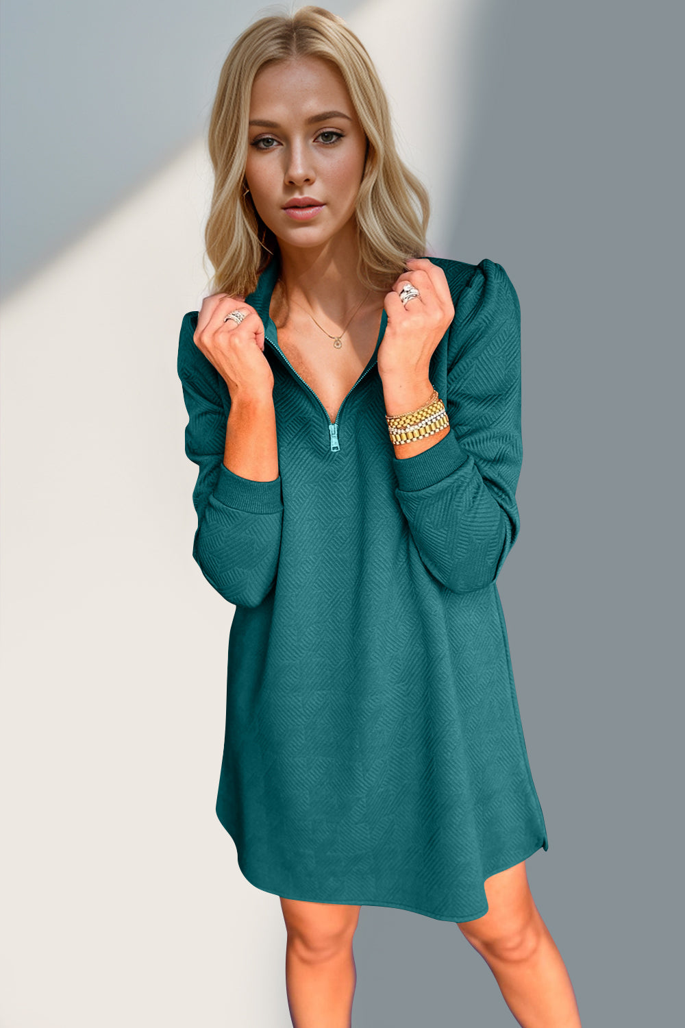 Textured Zip-Front Long Sleeve Dress - Elegant Women's Apparel