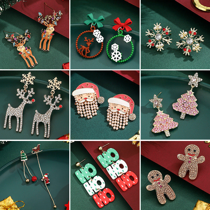 Cross-Border Personalized Christmas Alloy Earrings Christmas Hat Colorful Star Dot Diamond Christmas Tree Elk Gingerbread Man Earrings