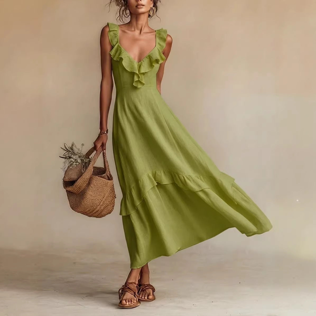 Sleeveless Ruffle Maxi Dress with High Waist Detail - Image 3