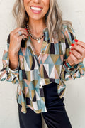 Green Geometric Print Balloon Sleeve Shirt | Loose Fit