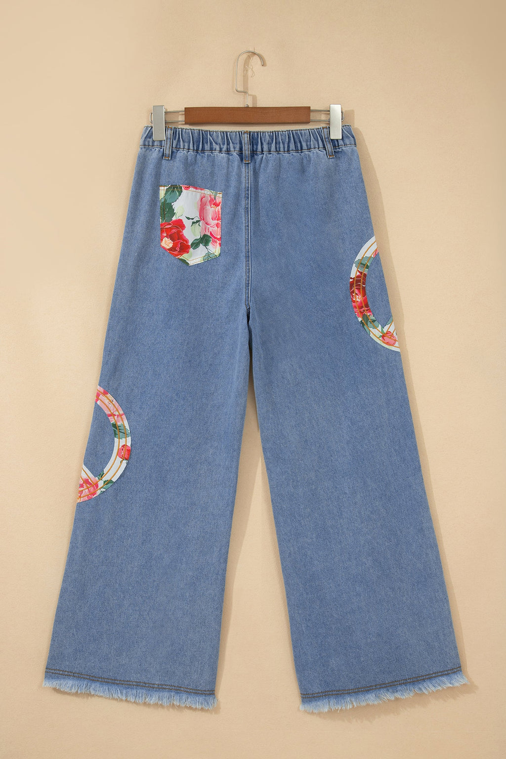 Floral Peace Sign Embroidered Wide Leg Jeans in Medium Blue