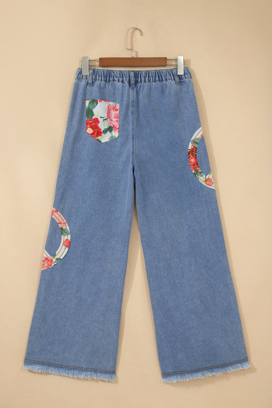 Floral Peace Sign Embroidered Wide Leg Jeans in Medium Blue