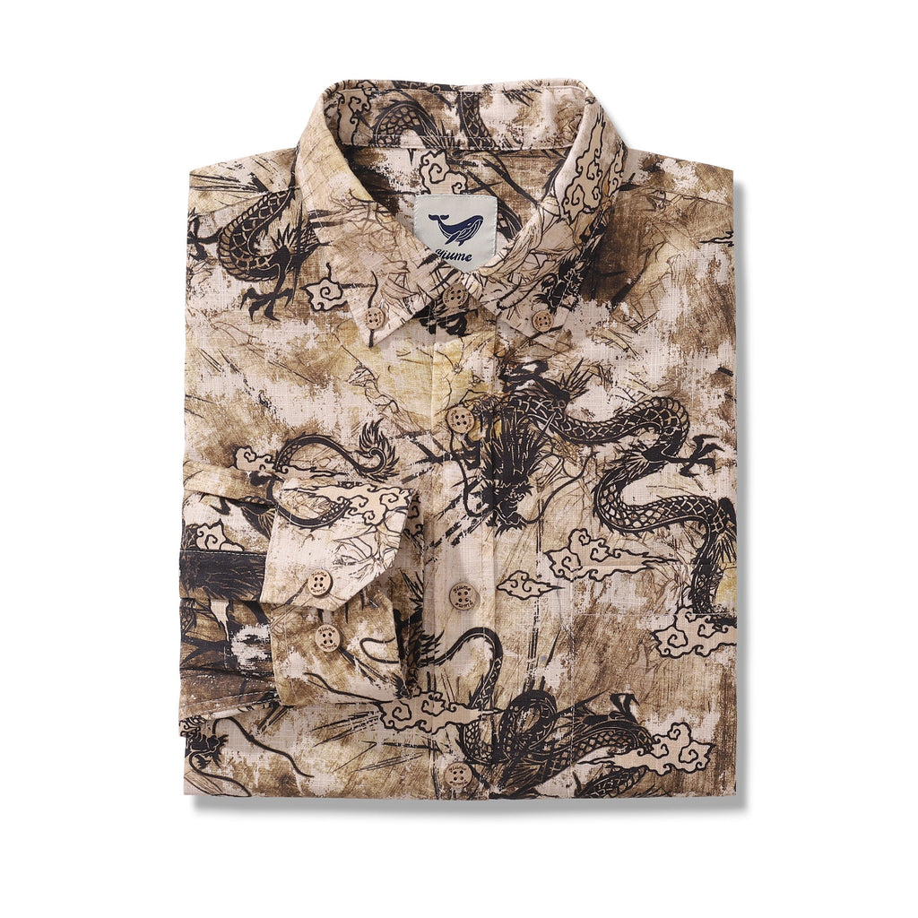 Chinese Dragon Totem Print Cotton Long Sleeve Aloha Shirt