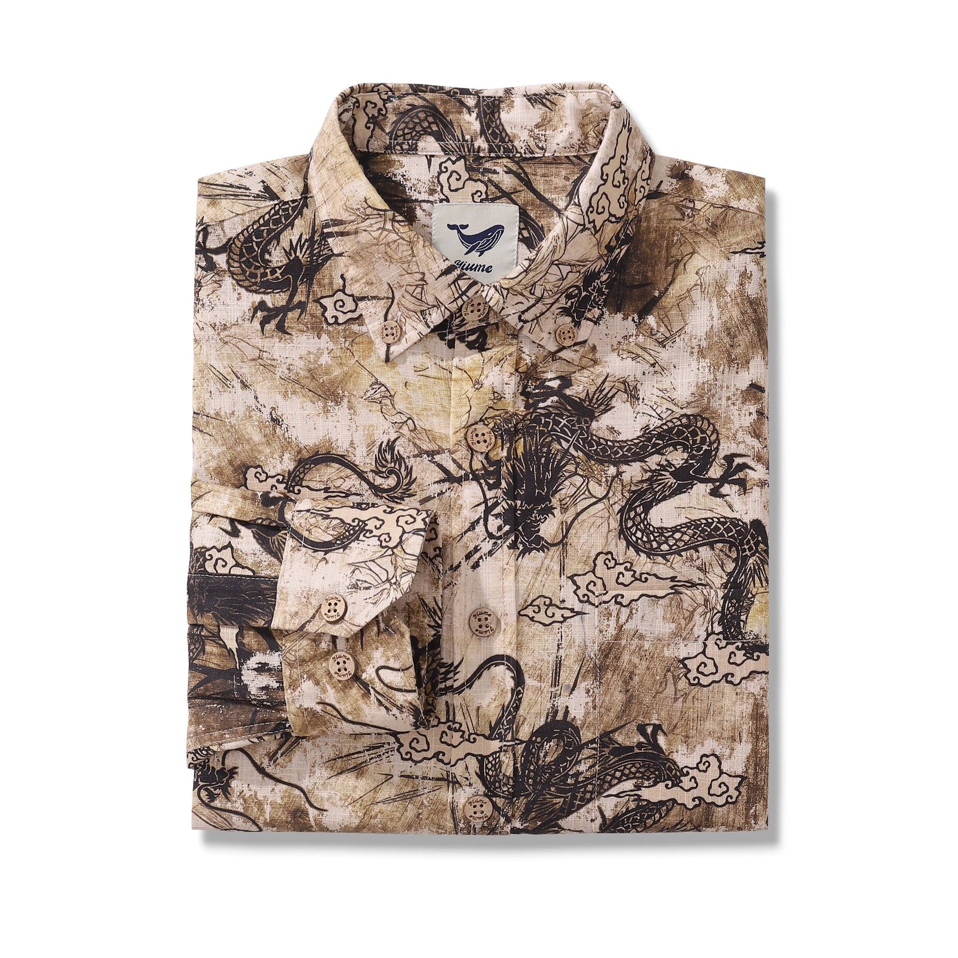 Chinese Dragon Totem Print Cotton Long Sleeve Aloha Shirt