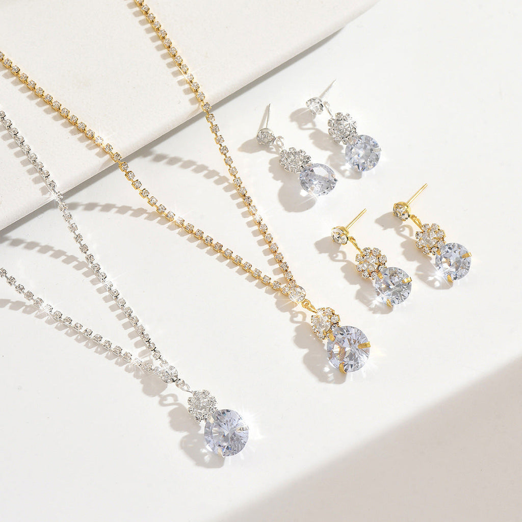 Women 2 Pcs Simple Round Cubic Zirconia Crystal Jewelry Set,Necklace And Earrings,Fashion Accessories For Daily Commute Party Occasion