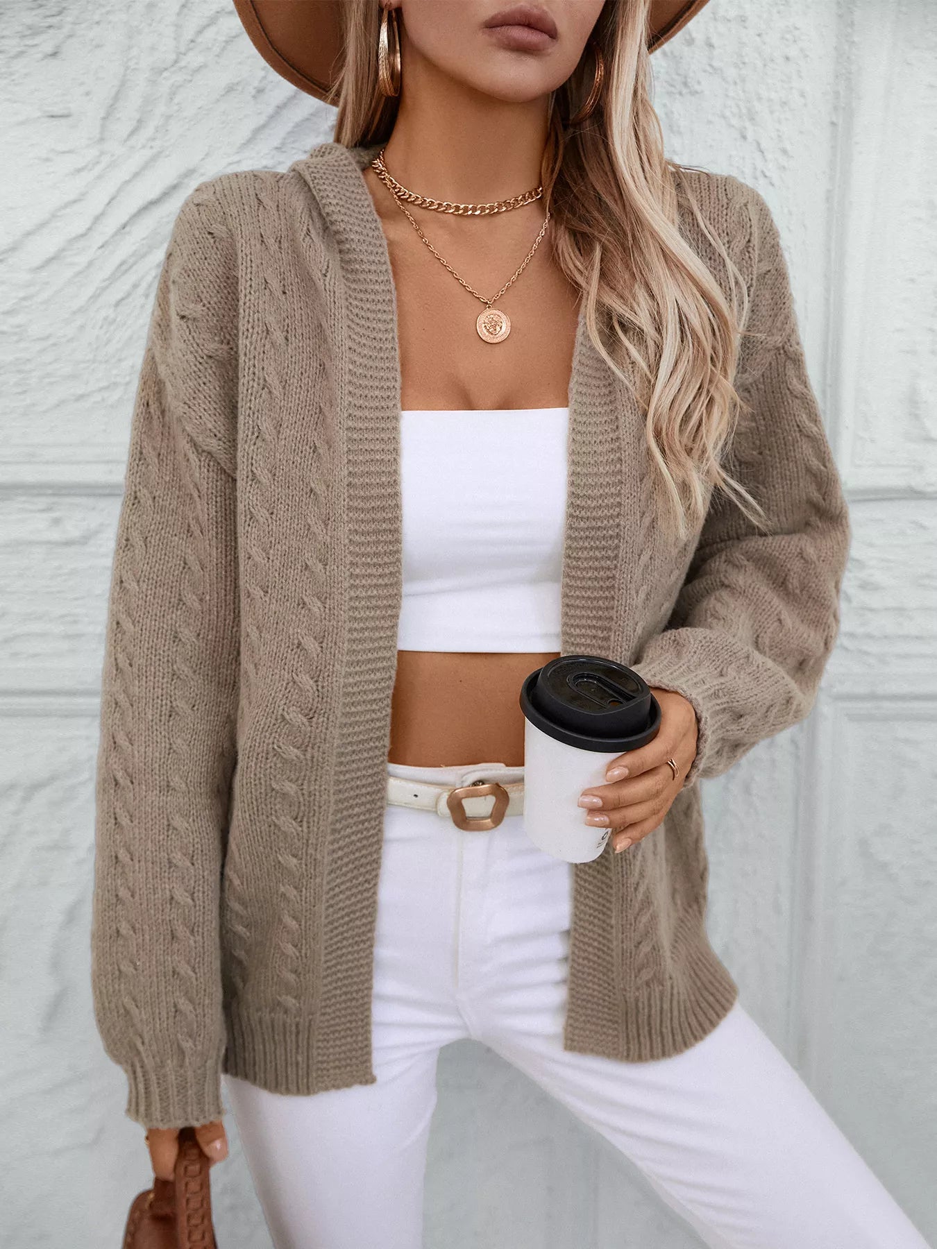 Women's Beige Cable Knit Open Front Hooded Cardigan Sweater
