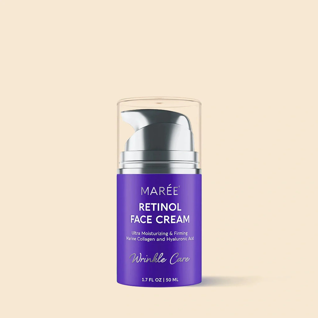 A purple bottle of Marée Retinol Lifting and Firming Face Cream on a cream background.