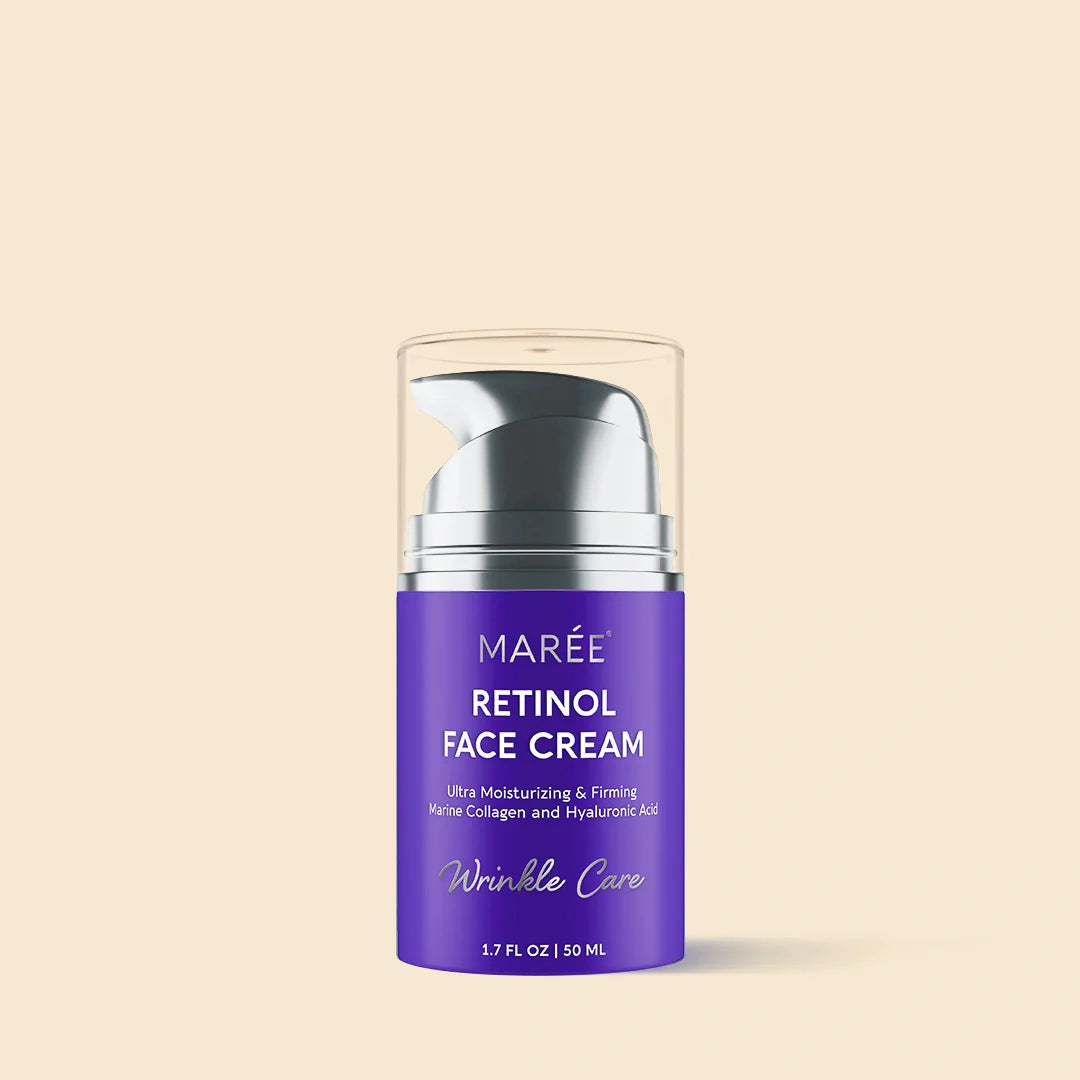 A purple bottle of Marée Retinol Lifting and Firming Face Cream on a cream background.