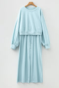 Mist Blue Drop Shoulder Puff Sleeve Crop Pullover Drawstring Wide Leg Pants Set