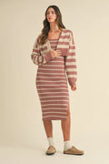 A trendy two-piece striped knit set featuring a bodycon dress and matching cropped cardigan.