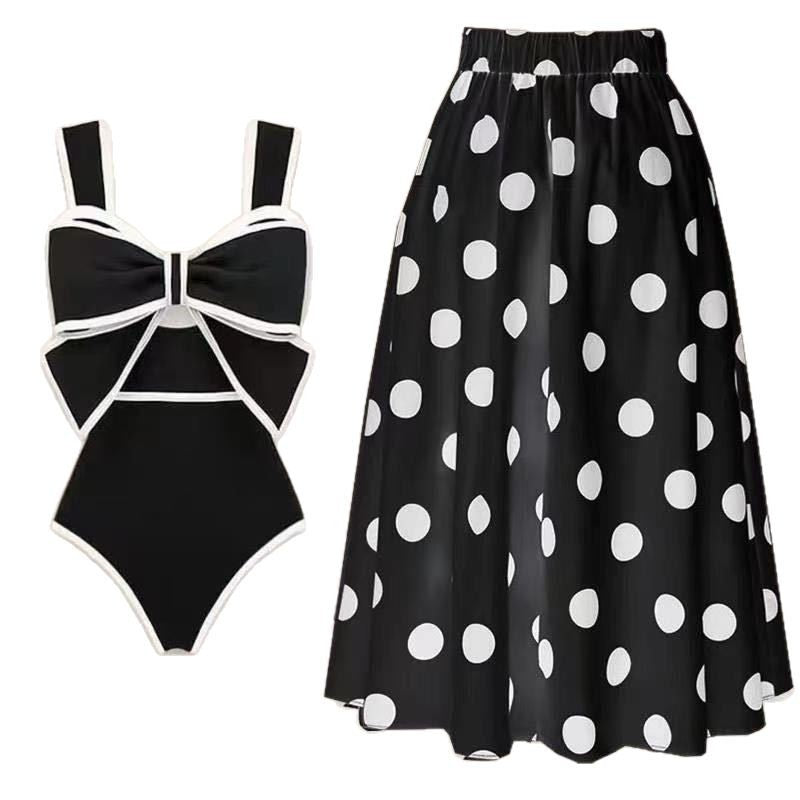 Women's Retro Polka Dot Sleeveless A-Line Midi Swimwear Skirt Suit