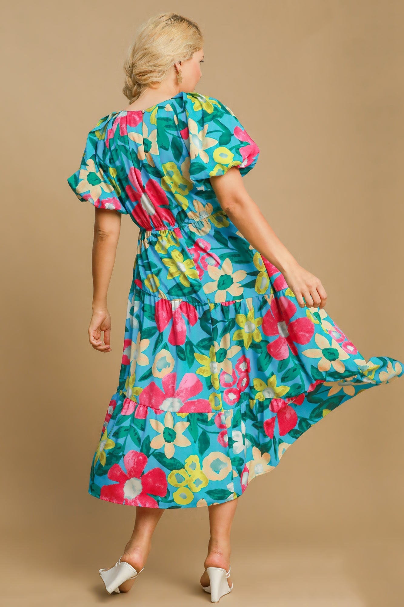 Floral Print Puff Sleeve Midi Dress with Tiered Flowy Hem