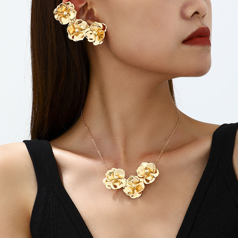 Golden Flower Necklace And Earrings For Women