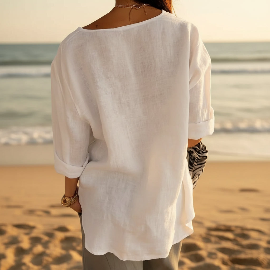 Women's V-Neck Long-Sleeve Linen Button Top – Loose Casual Blouse