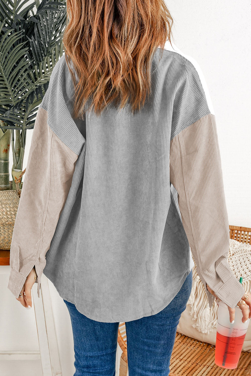 White Sequin Rugby Graphic Corduroy Shacket with Flap Pockets