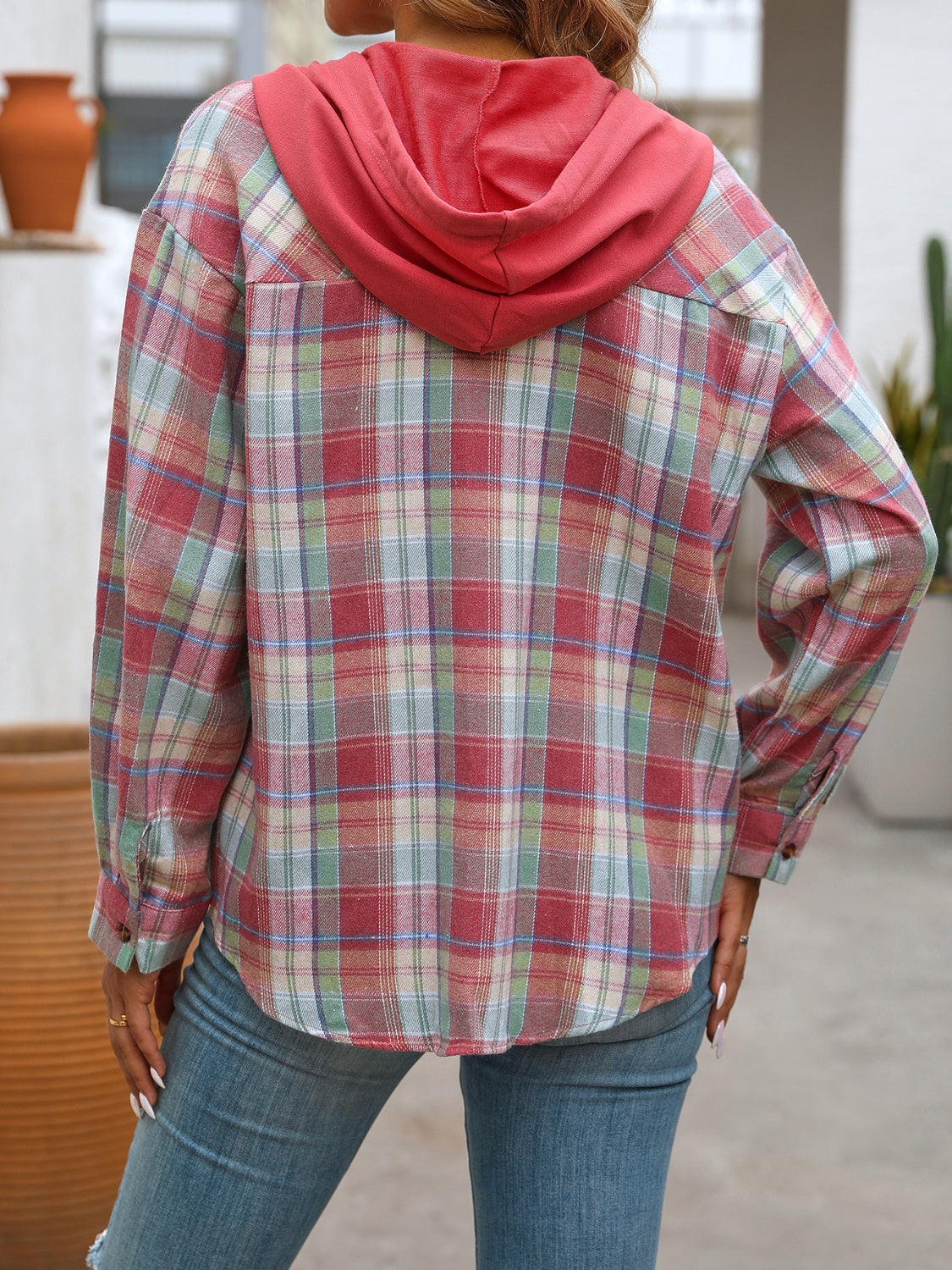 Women's Plaid Long Sleeve Hooded Jacket Casual Button Down Shirt - Image 19