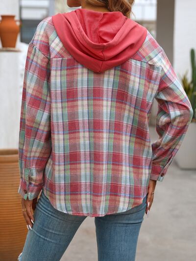 Women's Plaid Button-Down Hooded Jacket Cotton-Blend Shacket