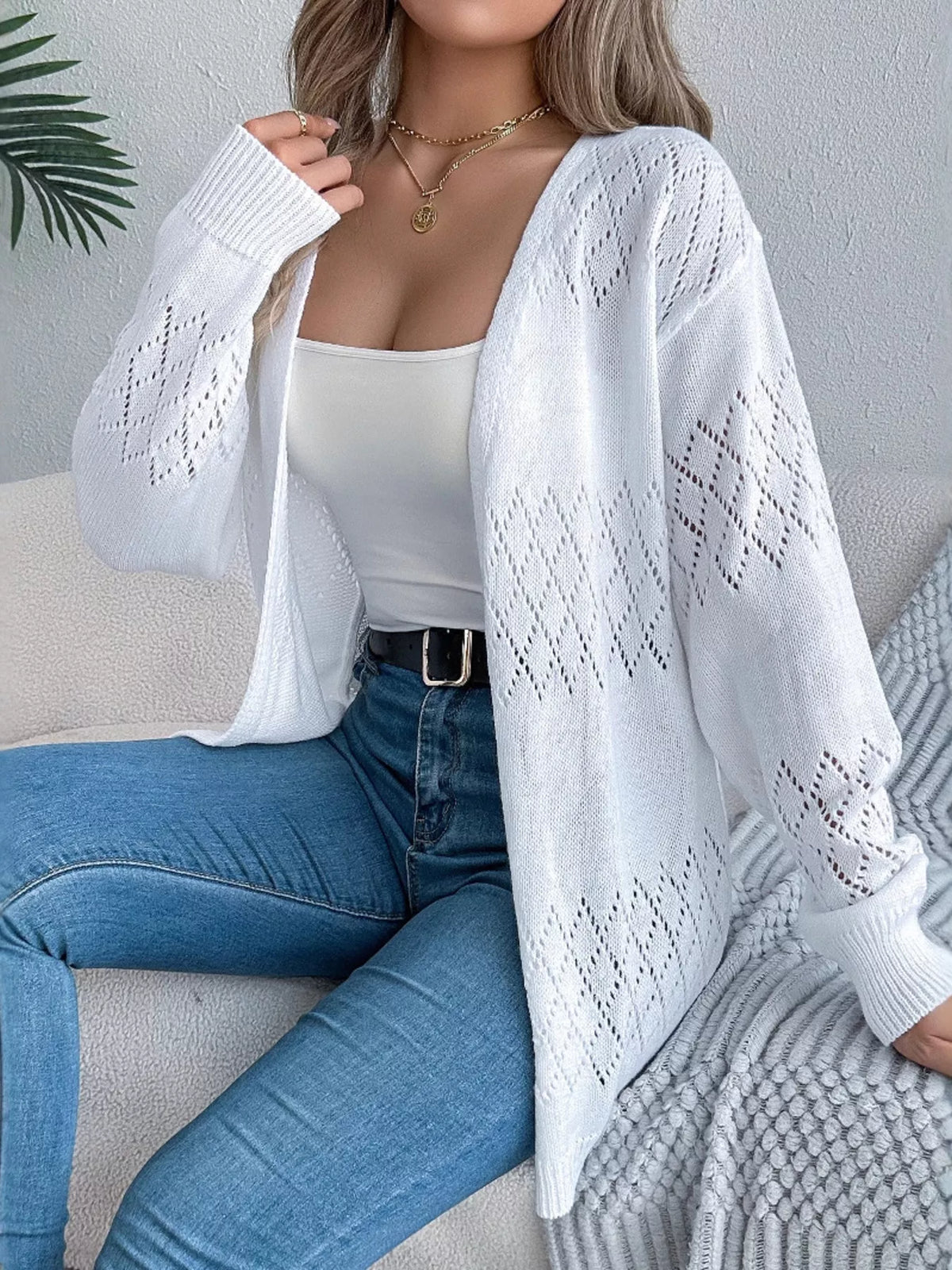 Openwork Open Front Long Sleeve Cardigan