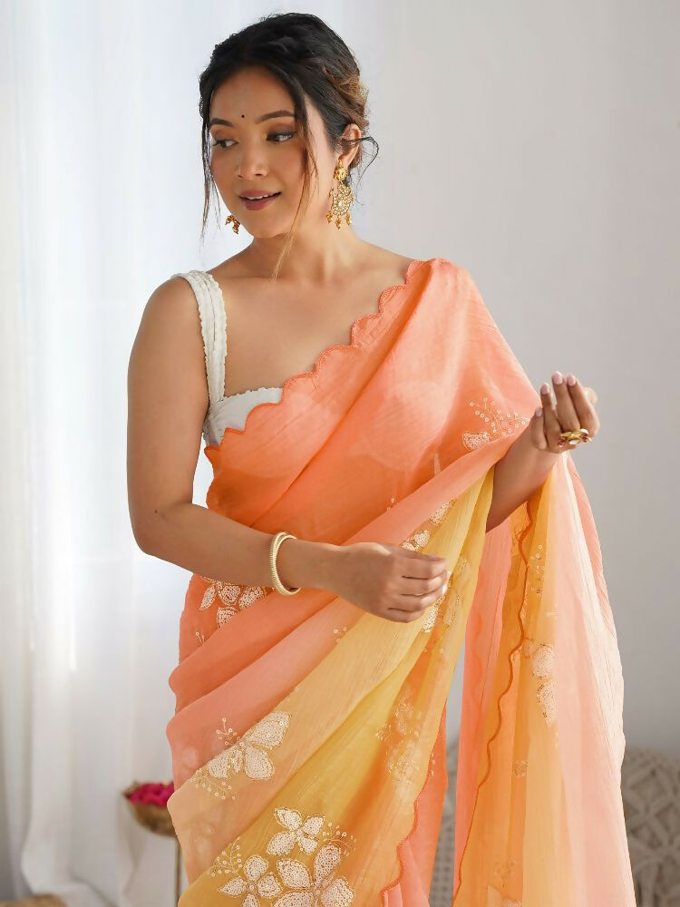 Orange Gold Crush Embroidered Saree with Roto Banglori Blouse