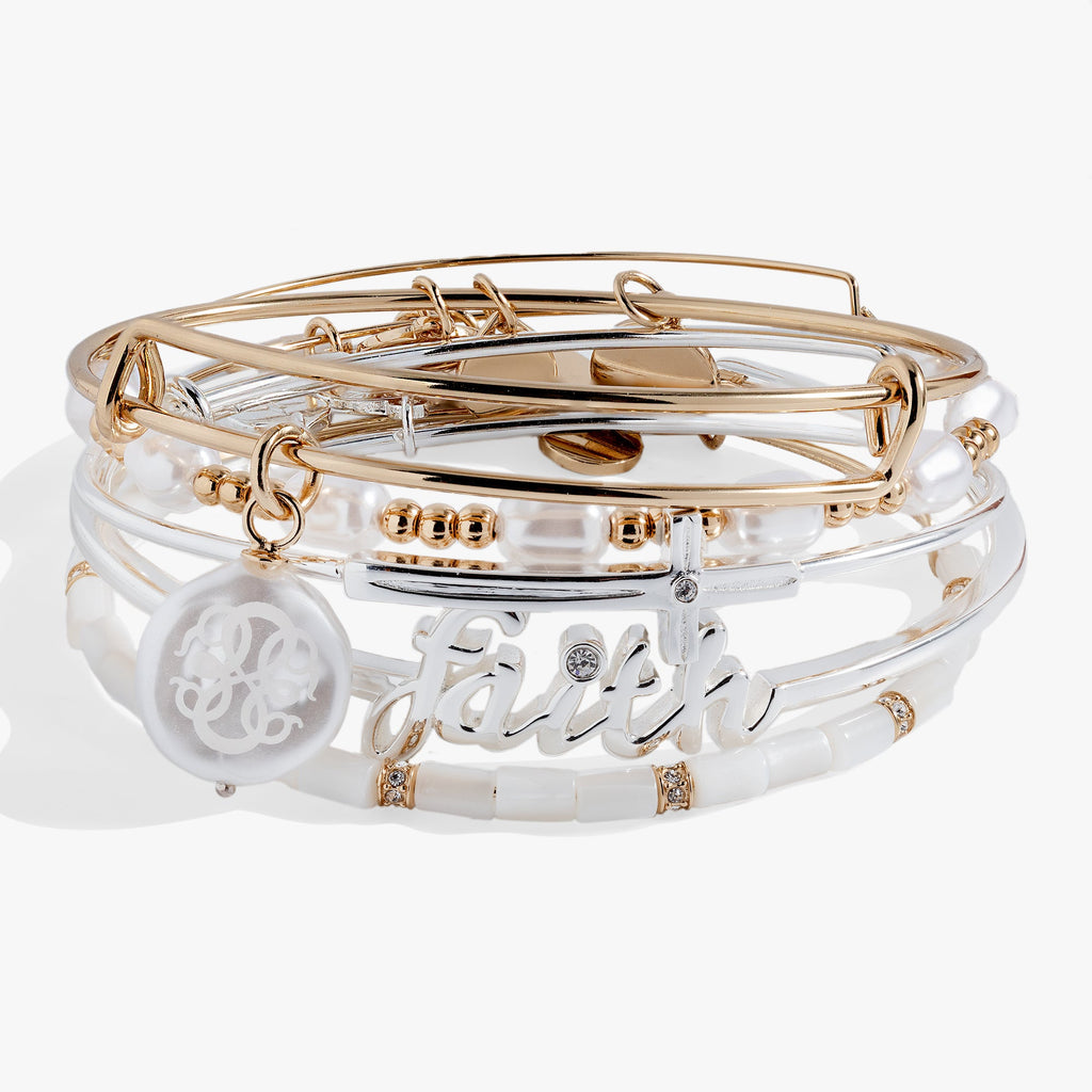Set of 5 stackable Faith bracelets including gold-tone cuffs and silver-tone crystal cross bangles