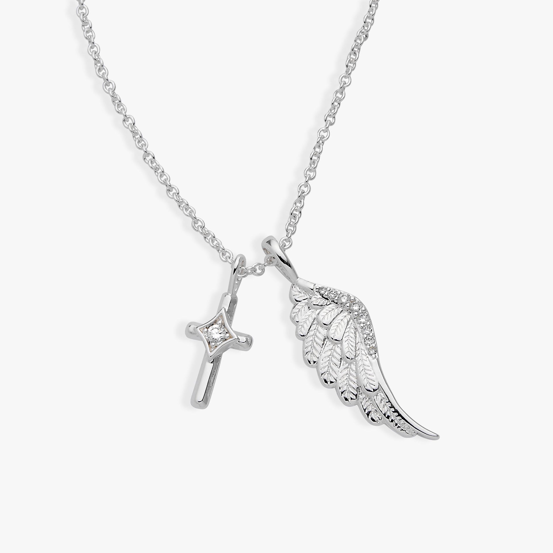 Faith Cross and Angel Wing Charm Necklace in Silver