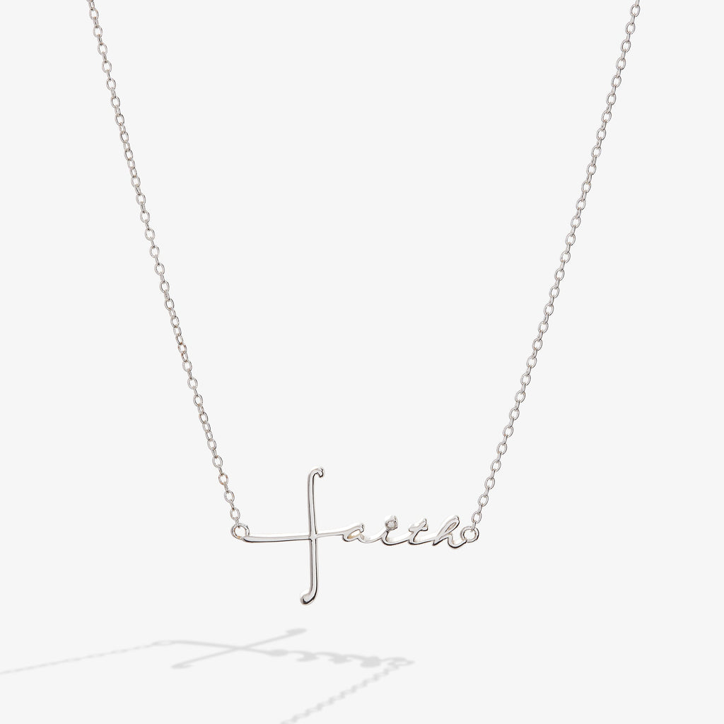 Silver Faith Script Pendant Necklace with Cross Detail